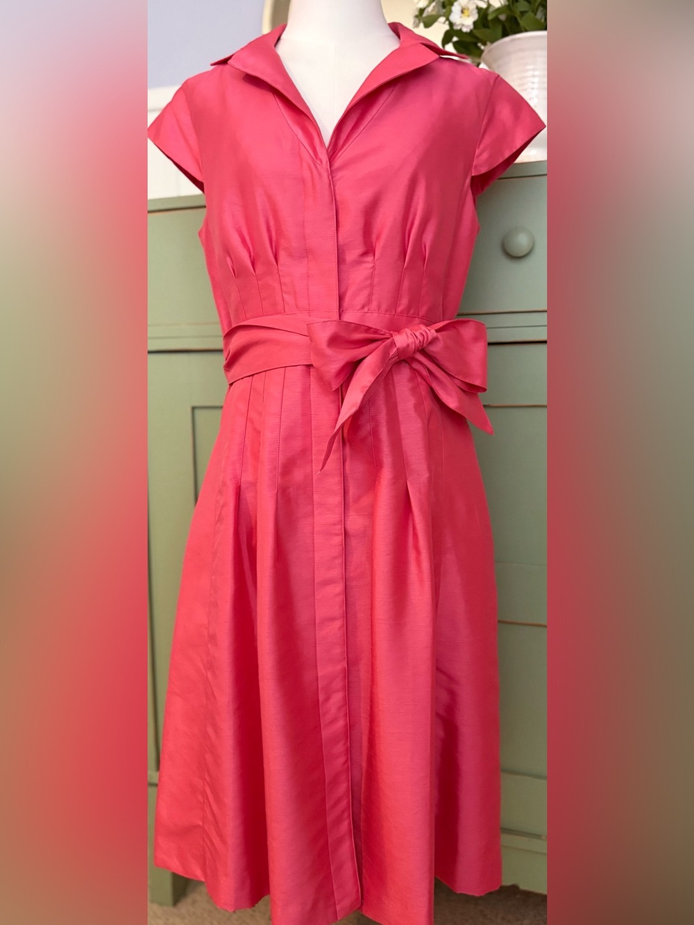 Kasper Hot Pink Classic Fit & Flare Dress w Tailored Princess Seams & Sash Sz 8 - Picture 7 of 15